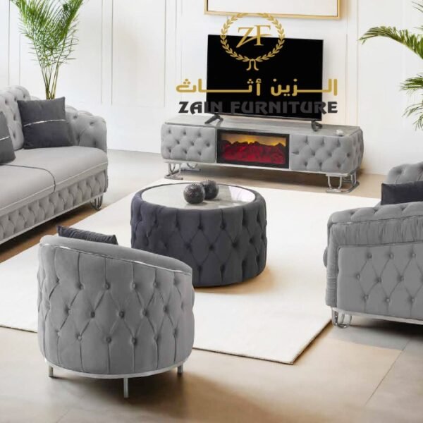 Luxury Grey Velvet Chesterfield Sofa Set