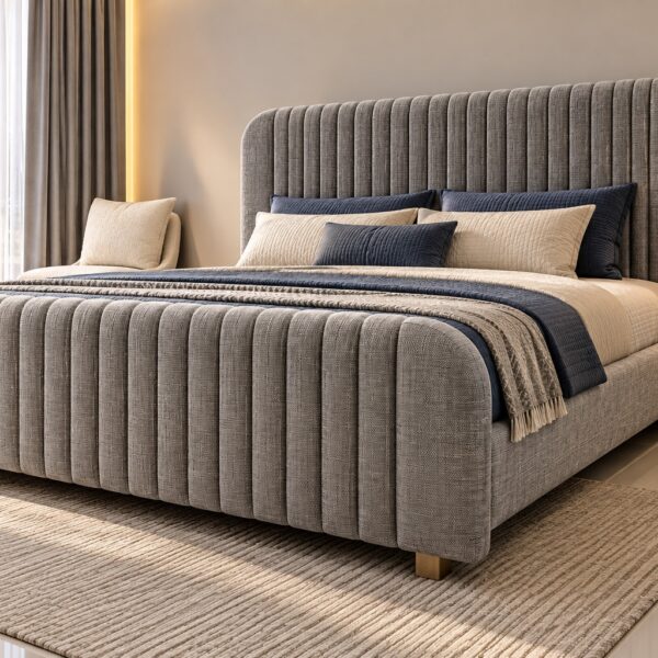 Grey Upholstered Bed with Vertical Channel Headboard 200*180