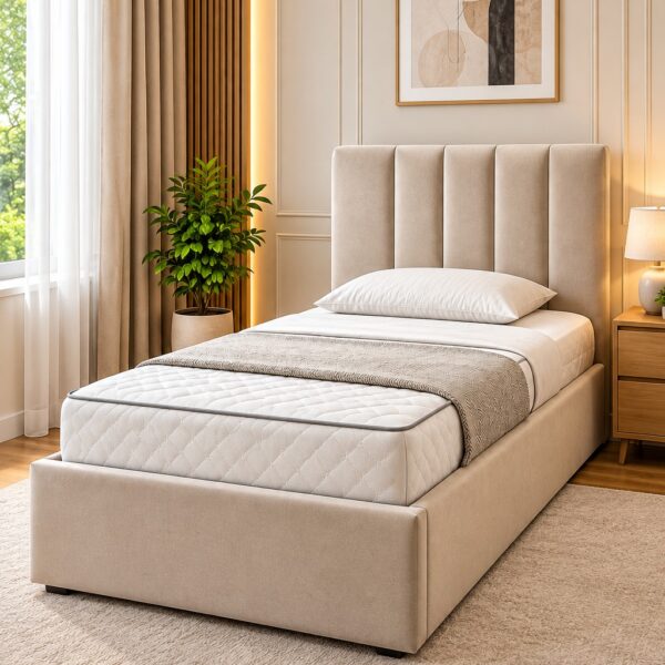 Beige Upholstered Single Bed with Panel Headboard 200*120