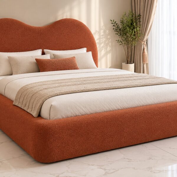 Terracotta Upholstered Bed with Wave Headboard 200*180