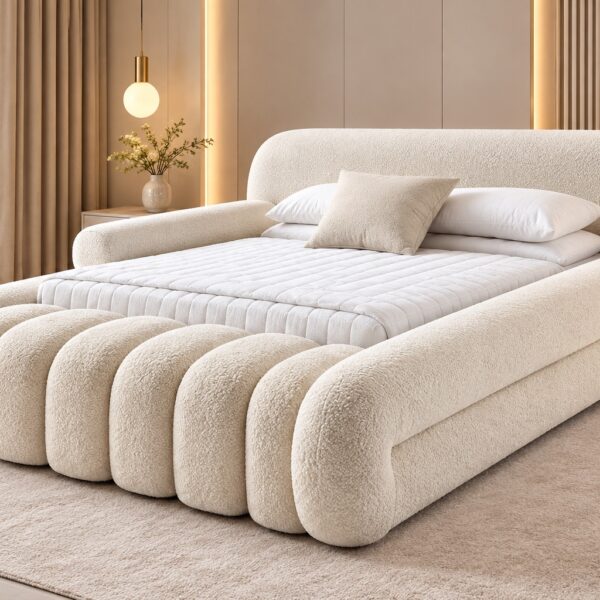Luxury Cream Upholstered Bed with Sculptural Frame 200*180