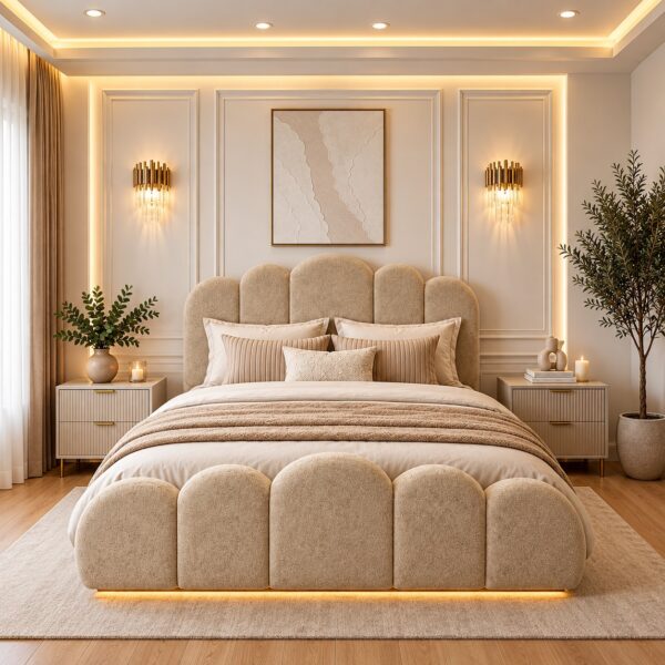Luxury Beige Upholstered Bed with Scalloped Headboard and Footboard 200*120