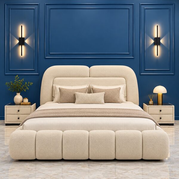 Cream Upholstered Bed with Curved Headboard and Panelled Footboard 200*180