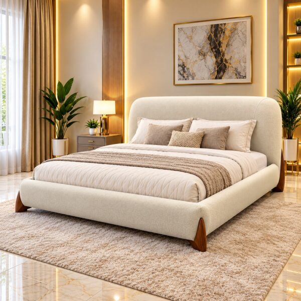 Luxury Cream Upholstered Bed with Curved Headboard 200*180
