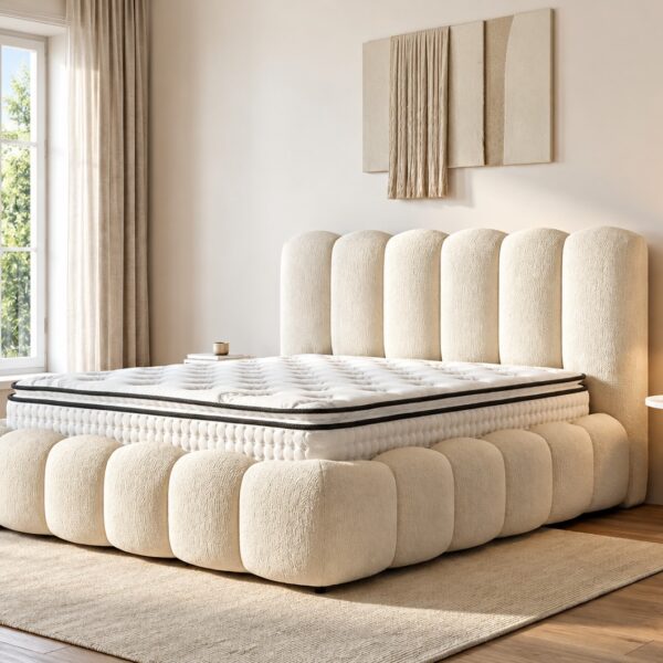 Luxury Cream Upholstered Bed with Scalloped Headboard 200*120