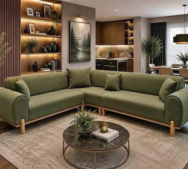 Olive Green L-Shaped Sofa with Wooden Legs