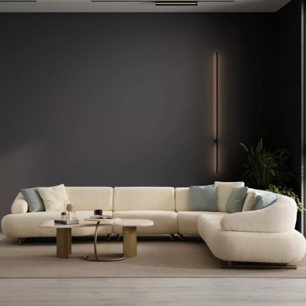 Cream Curved L-Shaped Sofa with Gold-Tone Base