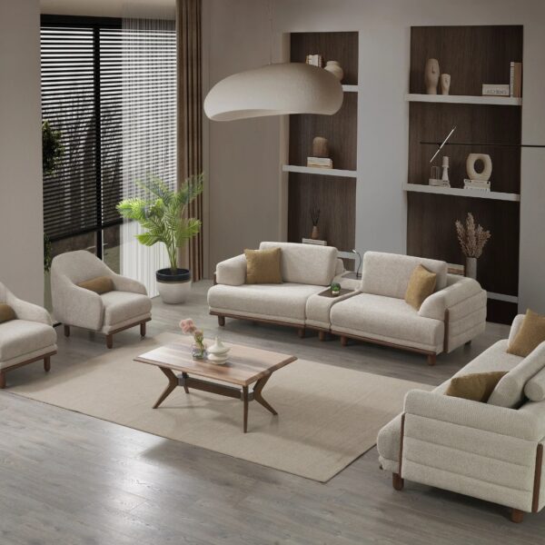 Cream Contemporary Sofa Set with Wood Accents 3+3+1+1