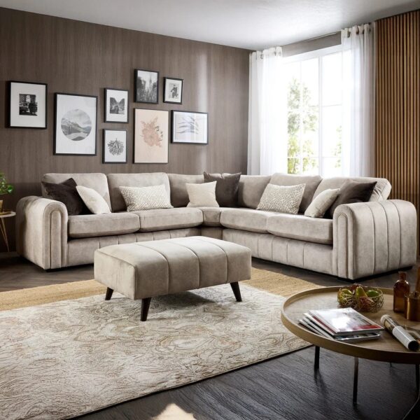Modern Beige L-Shaped Corner Sofa with Matching Ottoman