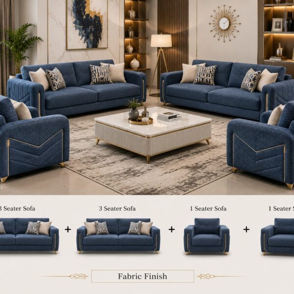 Luxury Navy Blue Fabric Sofa Set – 8 Seater (3+3+1+1)