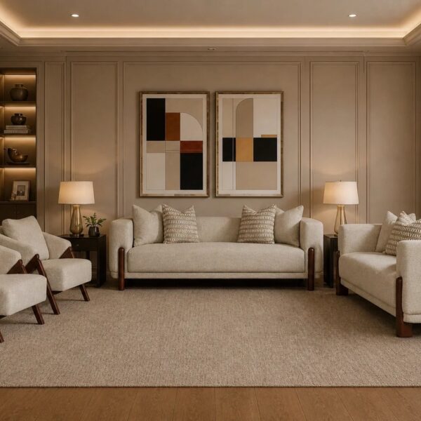 Modern Cream Fabric Sofa Set with Dark Wood Accents 3+2+1+1