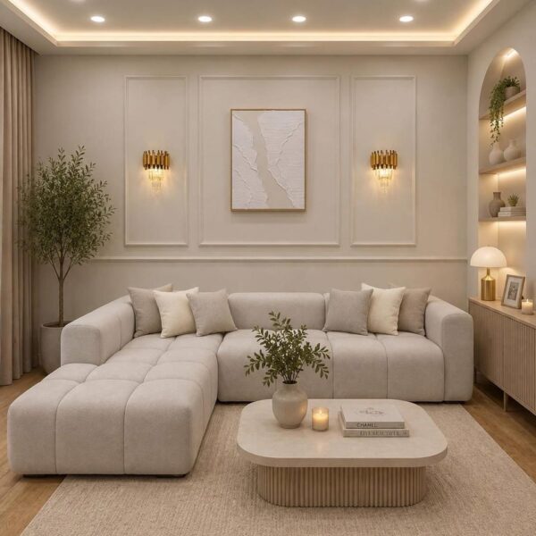 Modern Light Beige L-Shaped Fabric Sofa with Chaise