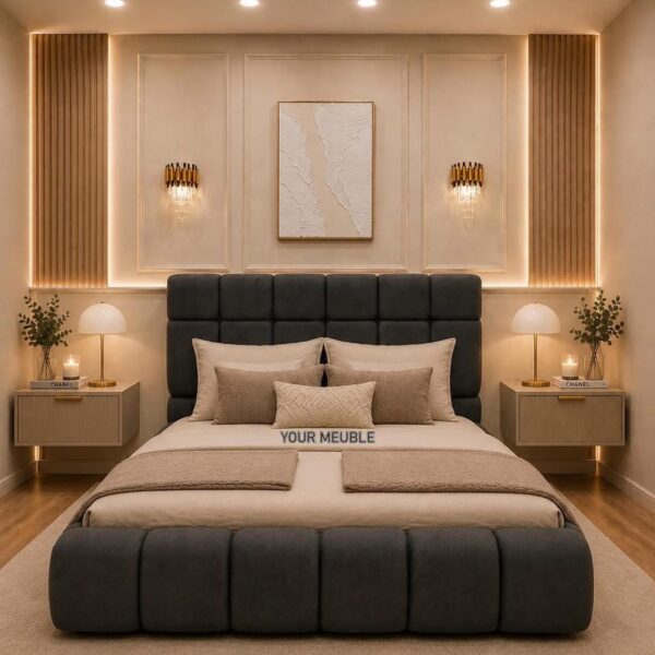 Charcoal Grey Upholstered Bed with Panel Headboard 200*180