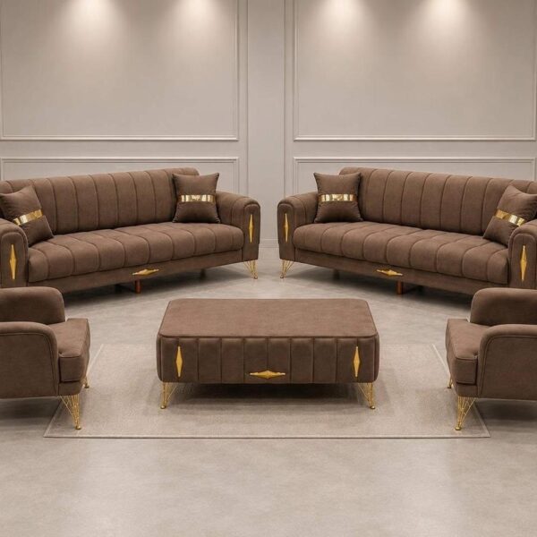 Luxury Brown Fabric Sofa Set with Gold-Tone Accents 3+3+1+1