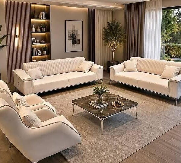 Luxury Cream Fabric Sofa Set with Silver-Tone Accents 3+3+1+1