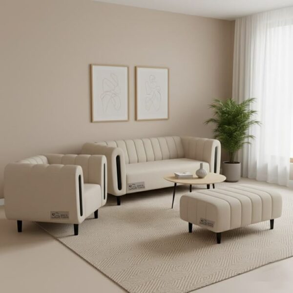 Modern Cream Fabric Sofa Set with Matching Ottoman